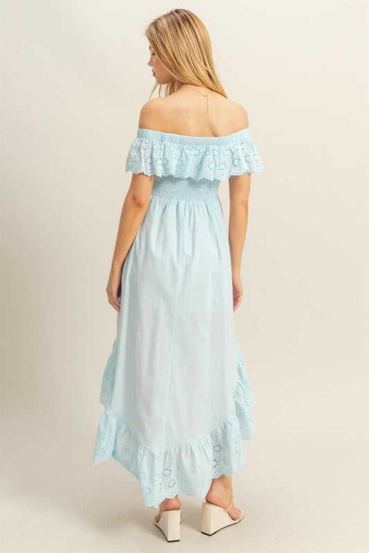 High-Low Ruffled Off-Shoulder Eyelet Dress for Summer