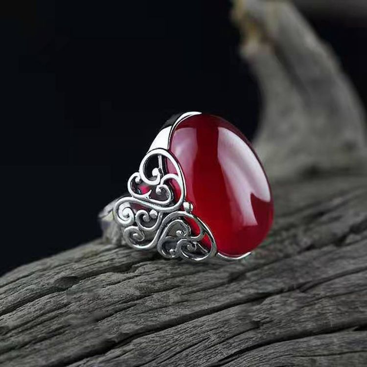 Crown Diamond Ring With Hollow Pattern, Adjustable Ethnic Style Ring, Red Agate Chalcedony, Copper Plated With White Gold, Open Ring For Women