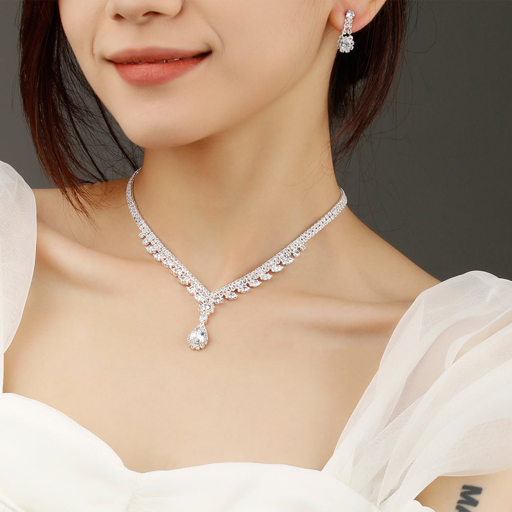 European And American New Style Water Drop Earrings, Necklace, Bracelet Three-Piece Set, Fashionable And Super Shiny, High-End Crystal Zircon Bridal Jewelry