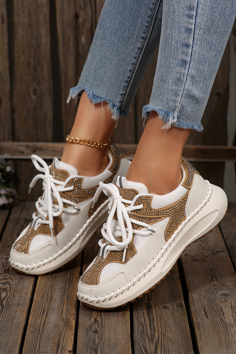 White Rhinestone PU Leather Platform Casual Sneakers