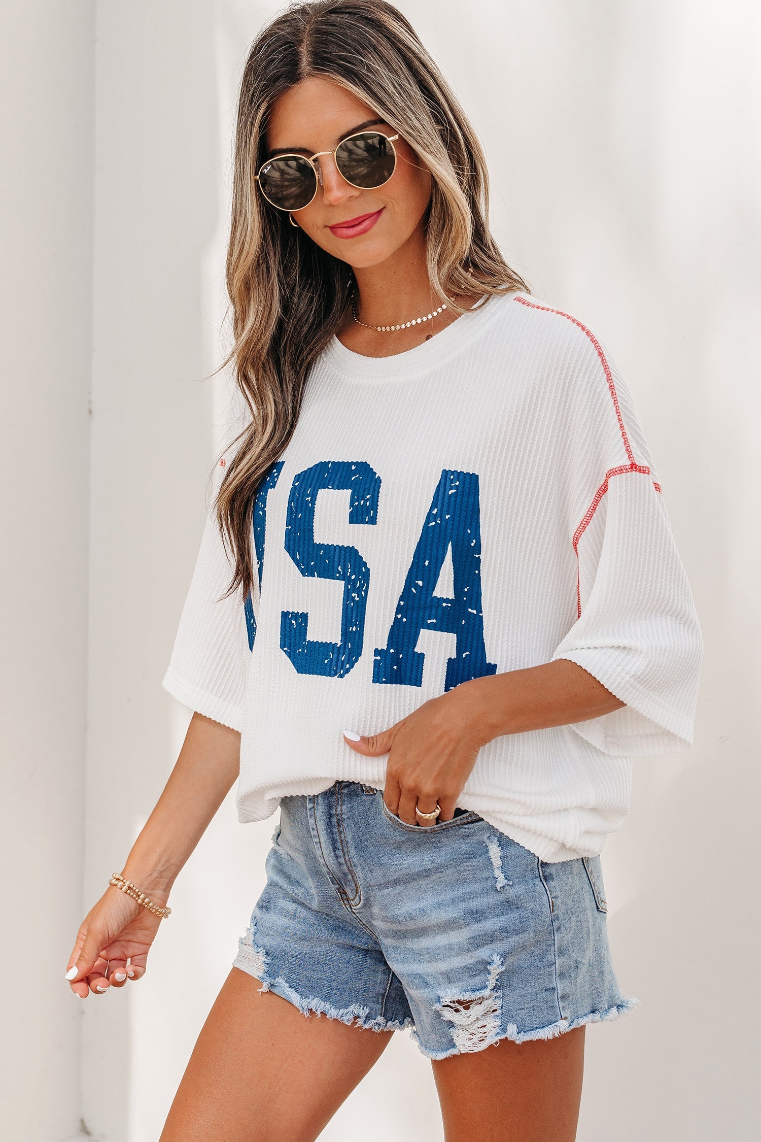 White USA Graphic Half Sleeve Loose Ribbed Top