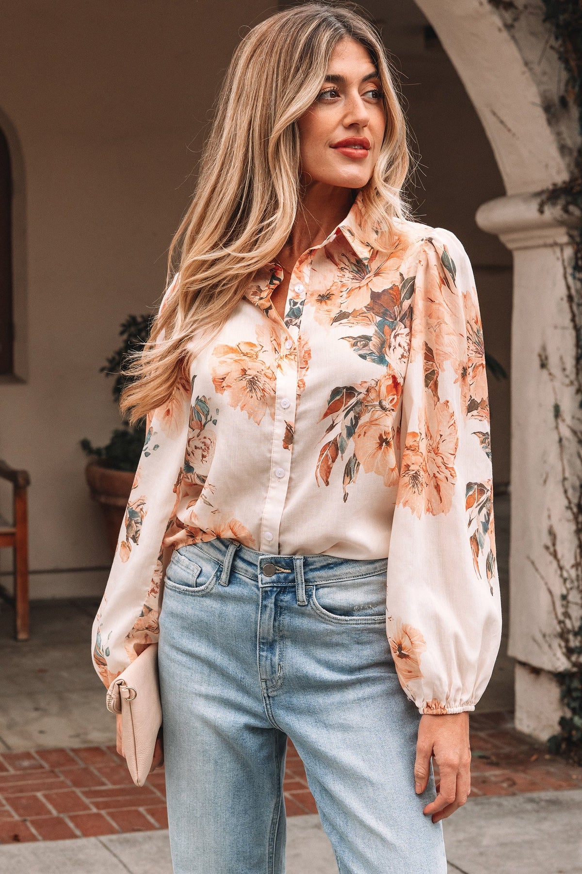 Floral Puff Sleeve Collared Shirt