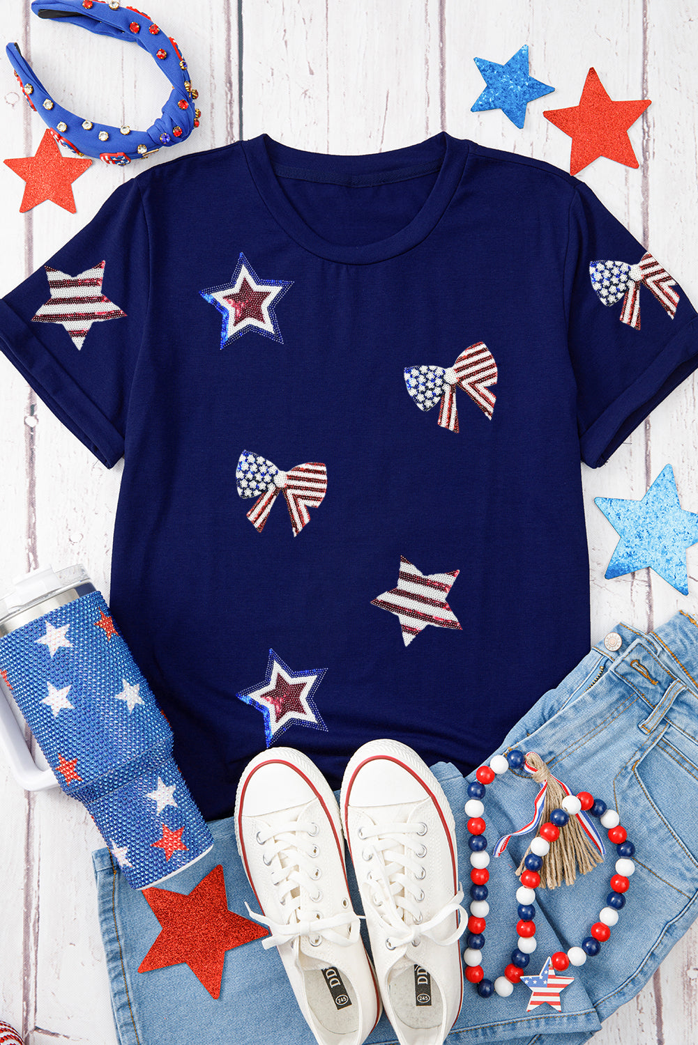 Blue Sequin USA Flag Bow Star Graphic Crewneck T-Shirt