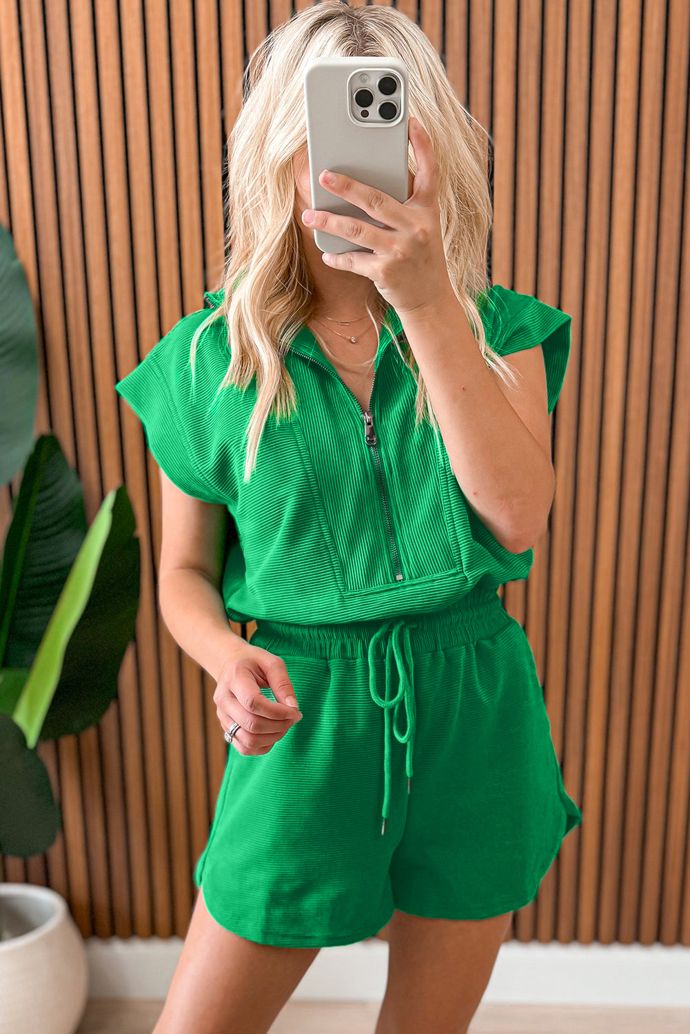 Bright Green Textured Short Sleeve Half Zip Romper