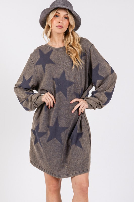 Modern Cotton Star Print Round Neck Casual Lounge Dress