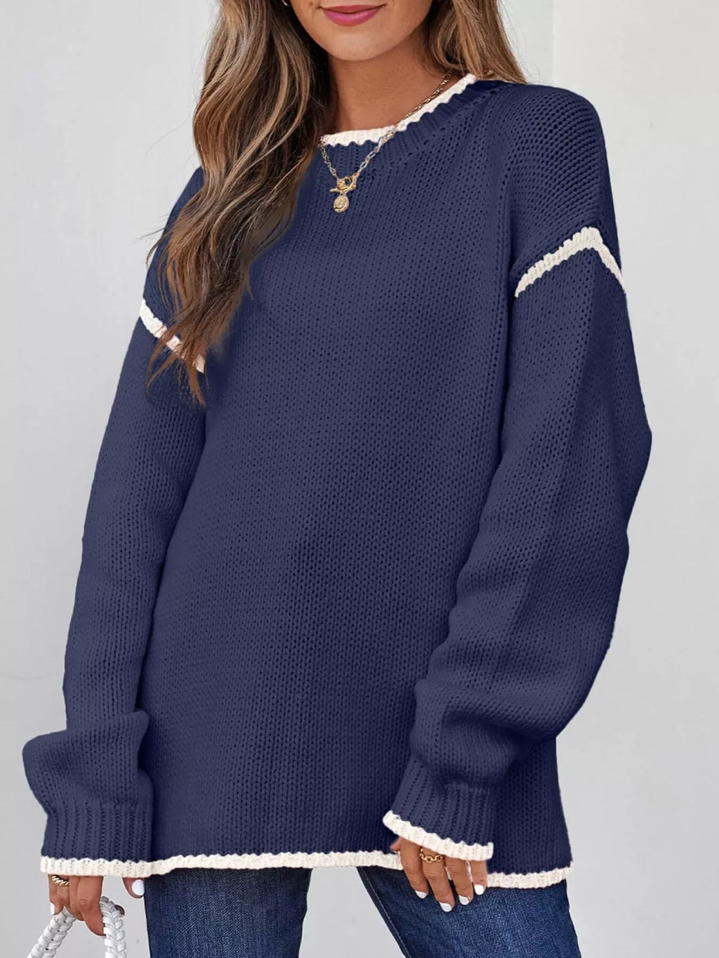 Contrast Trim Long Sleeve Sweater