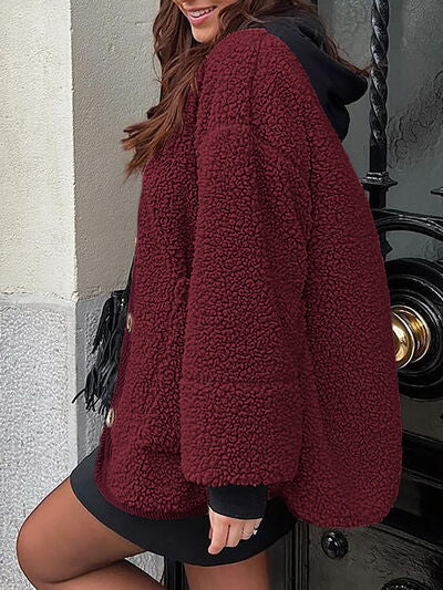 Women's Cozy Sherpa Fleece Button Up Jacket with Functional Pockets