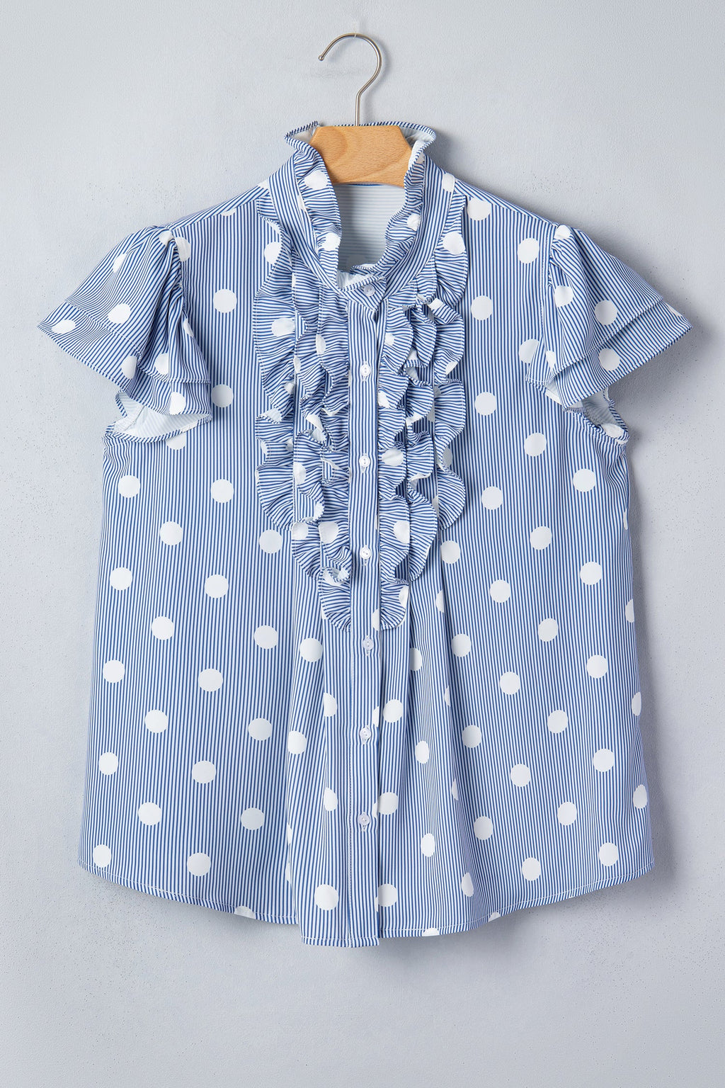 Striped Contrast Polka Dot Ruffle Sleeve Blouse