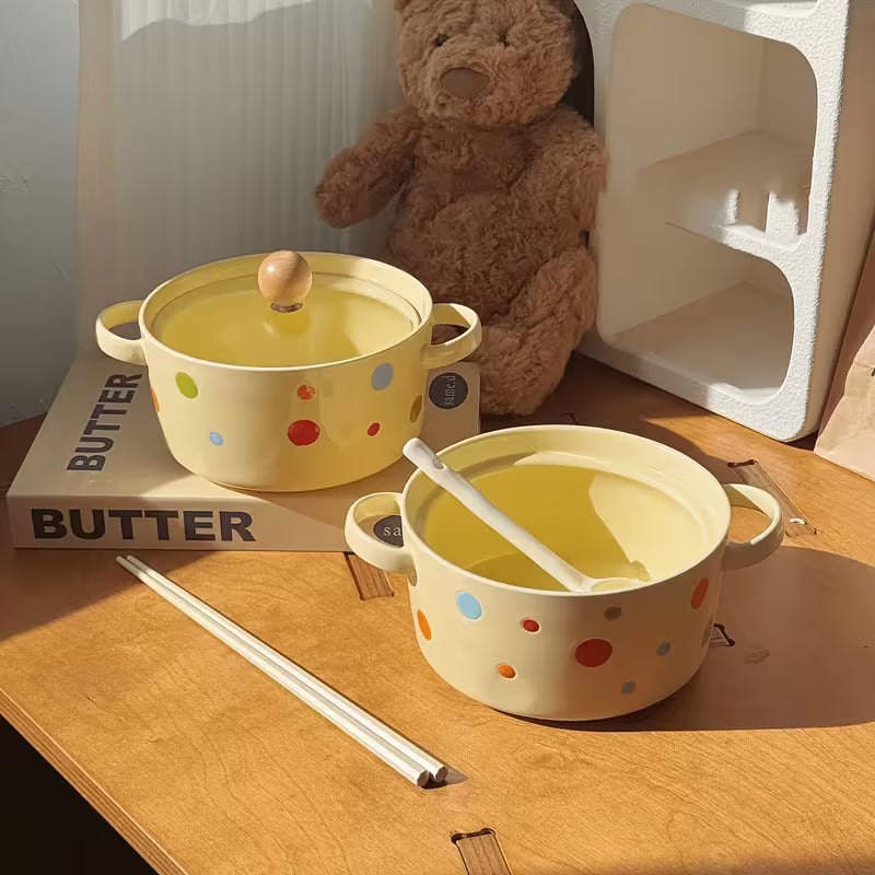 Colorful Polka Dot Ceramic Noodle Bowl with Lid