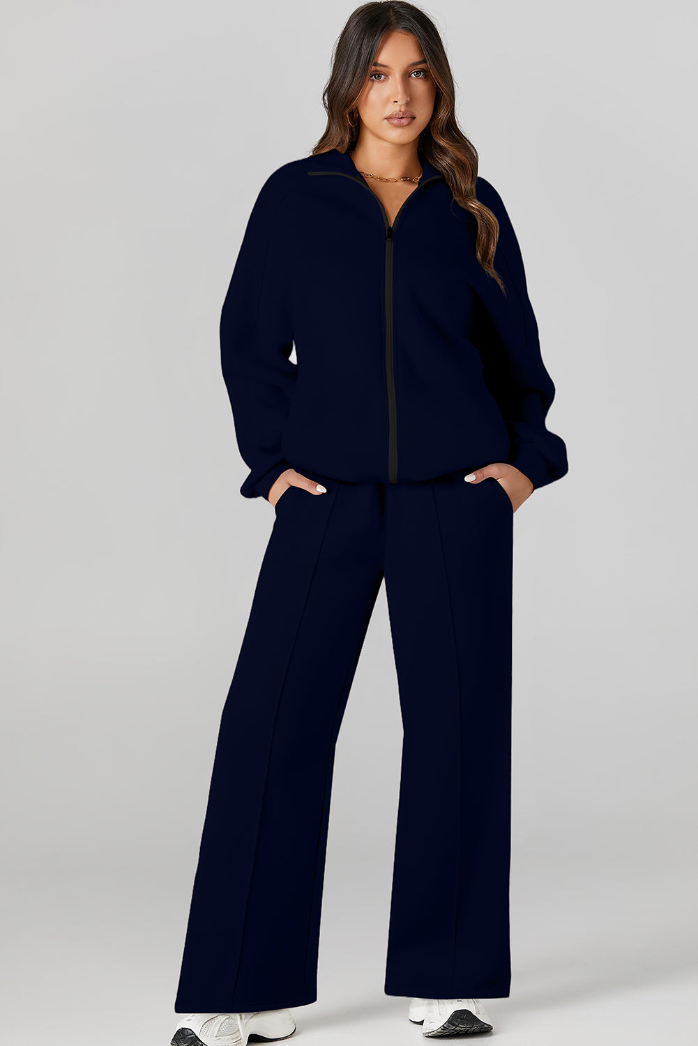 Solid Zip-Up Jacket and Drawstring Pants Set