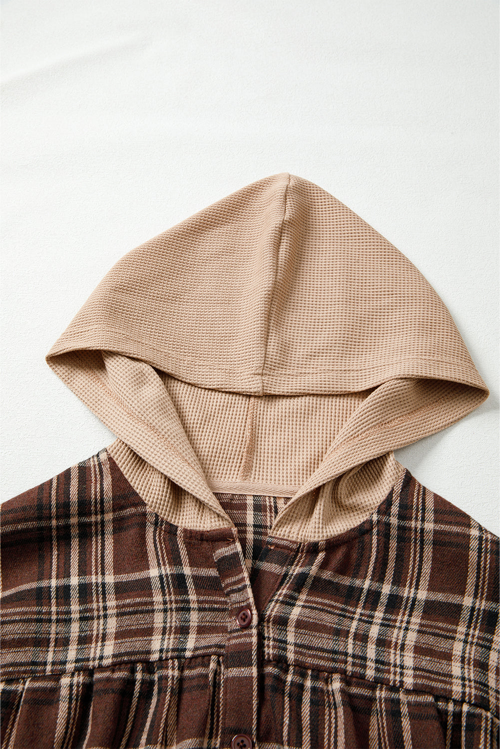 Plaid Quarter-Button Patchwork Long Sleeve Hooded Blouse