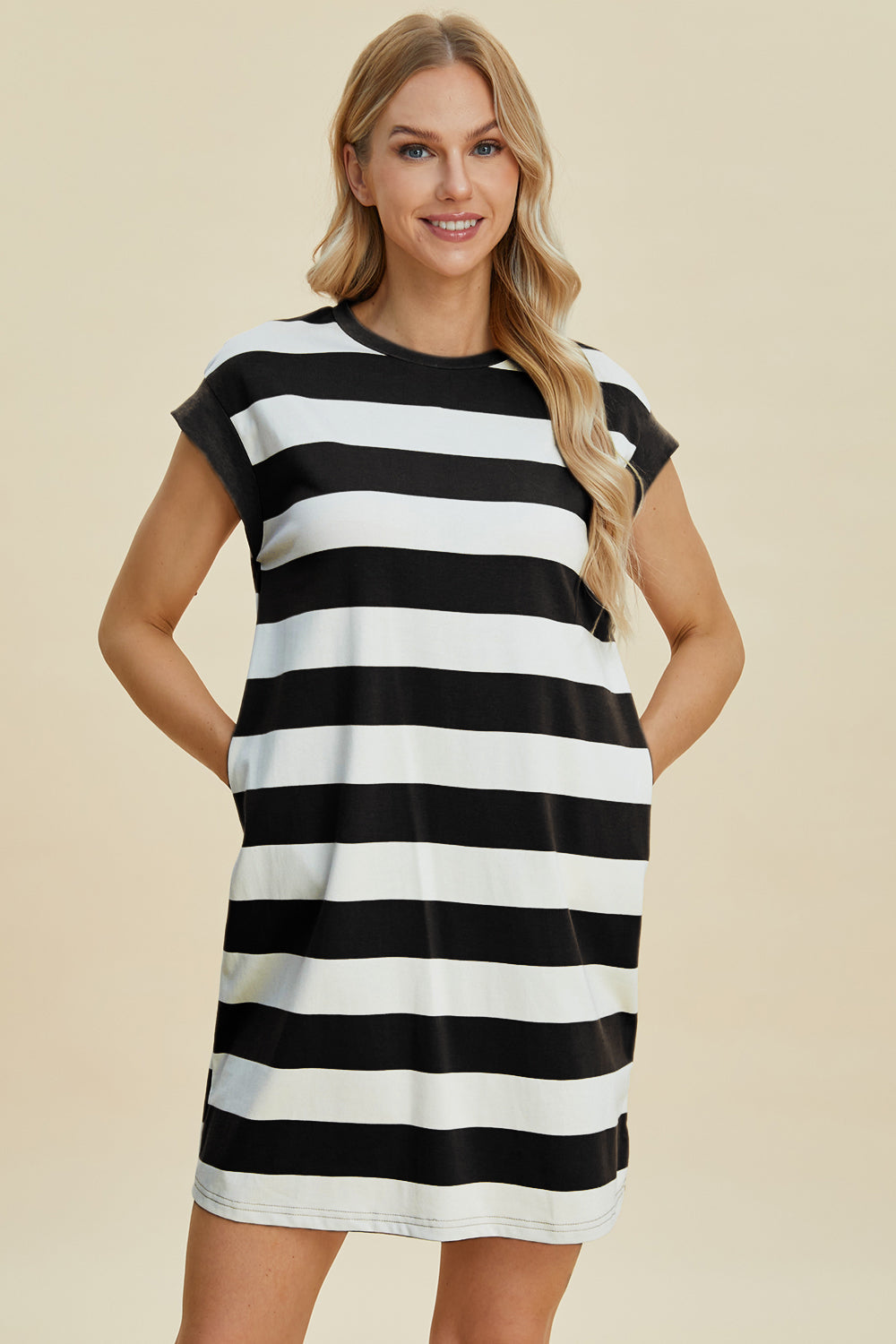Striped Cotton Round Neck Cap Sleeve Mini Dress