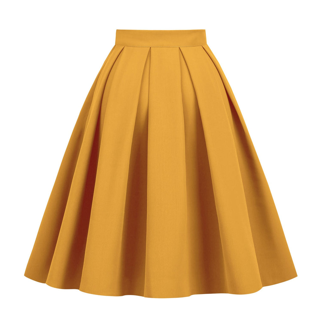 Side profile of a woman wearing a vintage-style ginger yellow umbrella swing skirt.