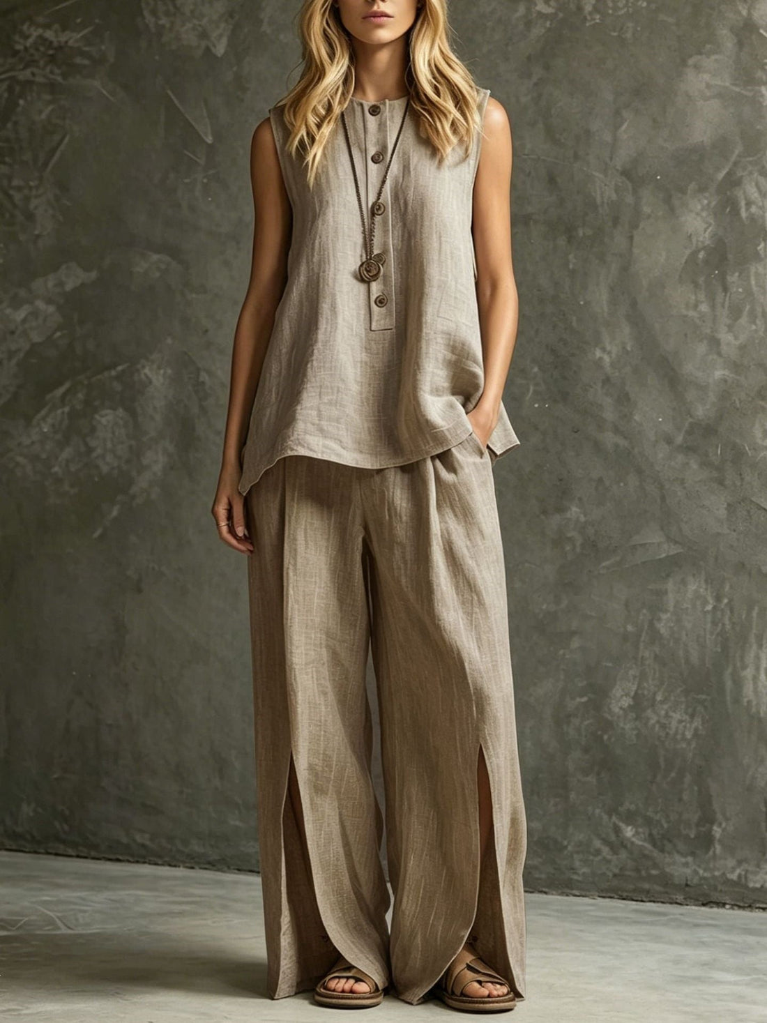 Women's Loose Sleeveless Tank Top & Slit Wide-Leg Pants Two-Piece Set