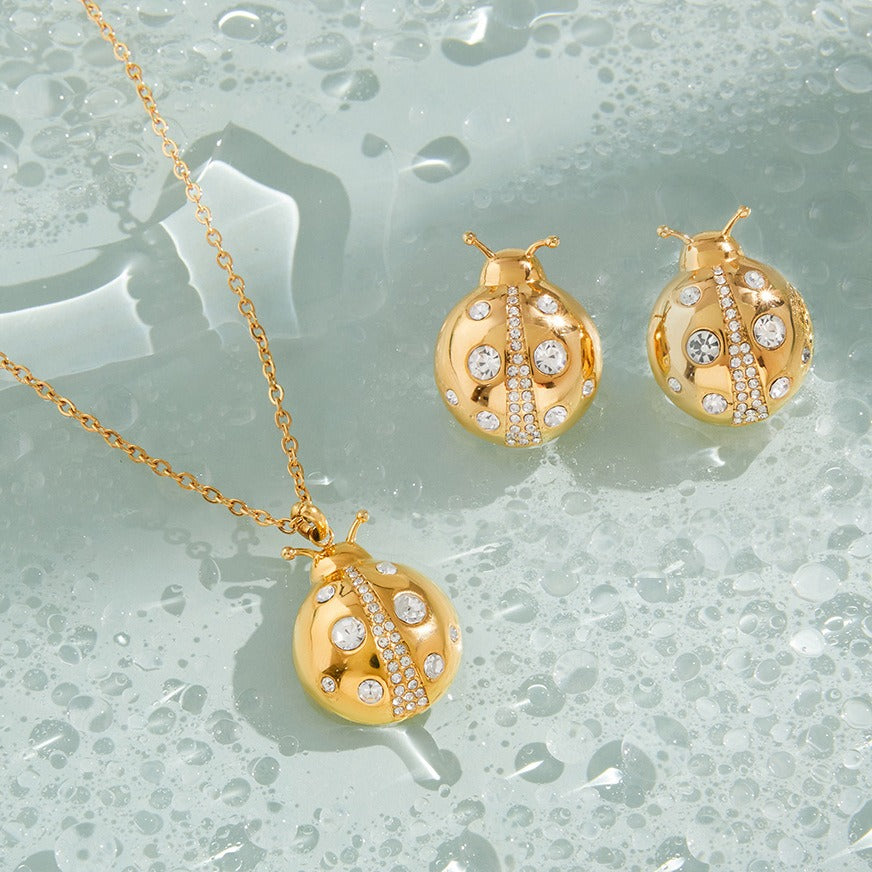 18k Gold Ladybug Necklace and Earrings Set with Zircon Details