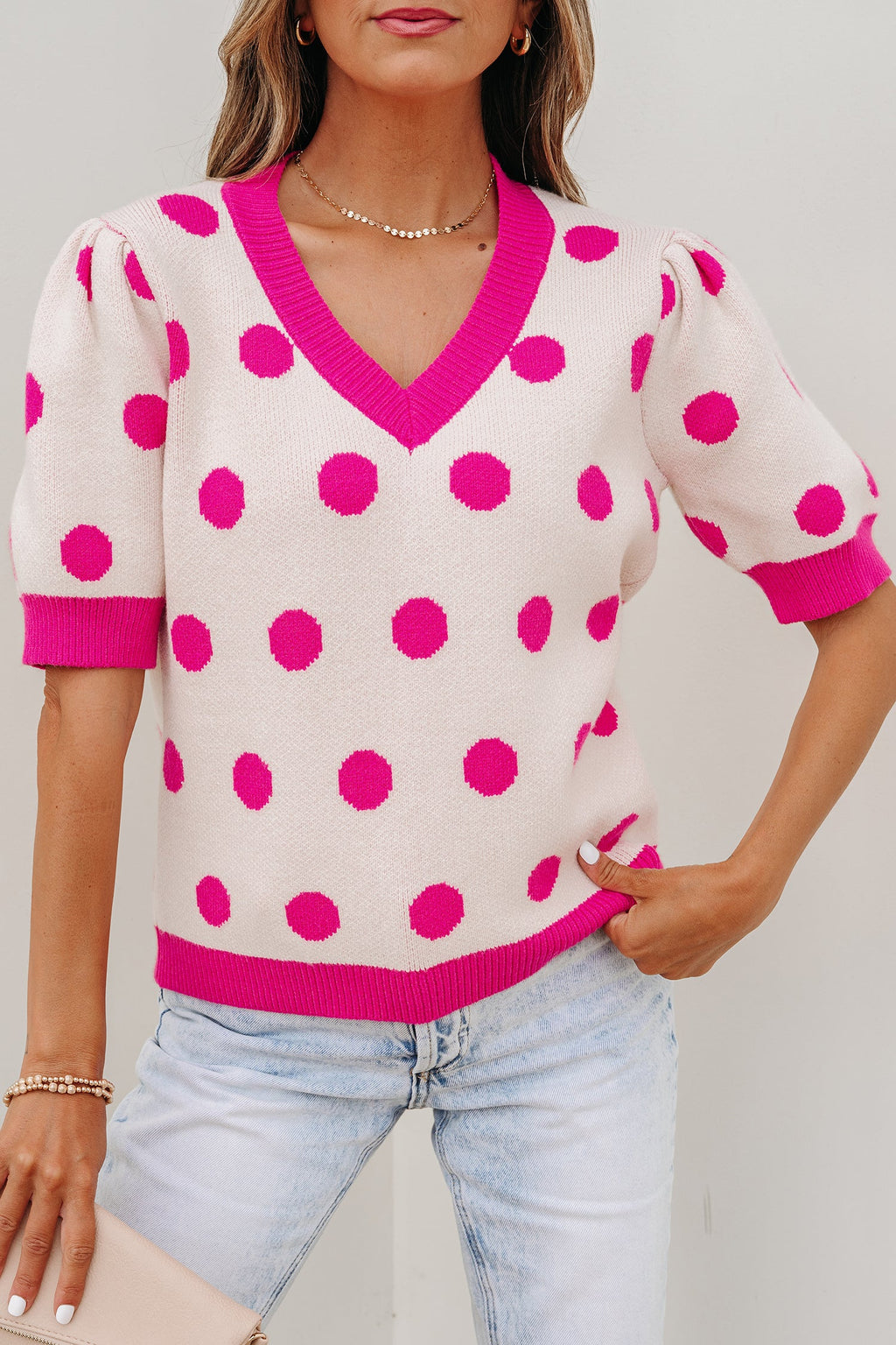 Alexia Puff Short Sleeve Sweater - Polka Dot V-Neck Knit Top