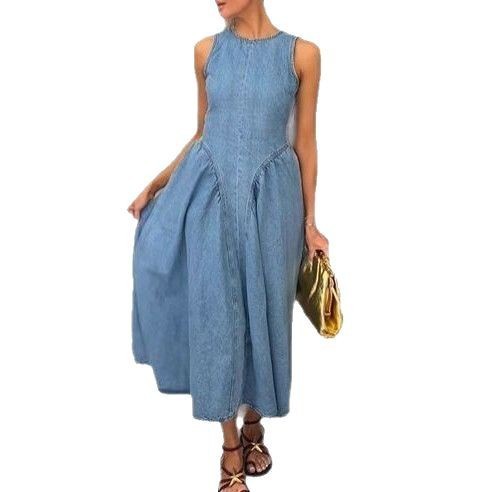 Women's High Waisted Blue Denim Maxi Skirt with Lace Up Detail