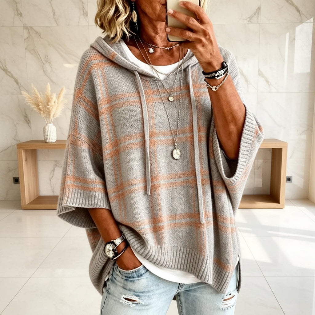 Plaid Knit Hooded Batwing Sweater