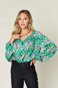 Printed Balloon Sleeve Blouse | Geometric V-Neck Chiffon Top