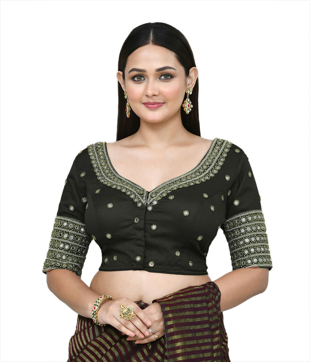 Dark Green Art Silk stitched blouse with intricate embroidery for traditional sarees