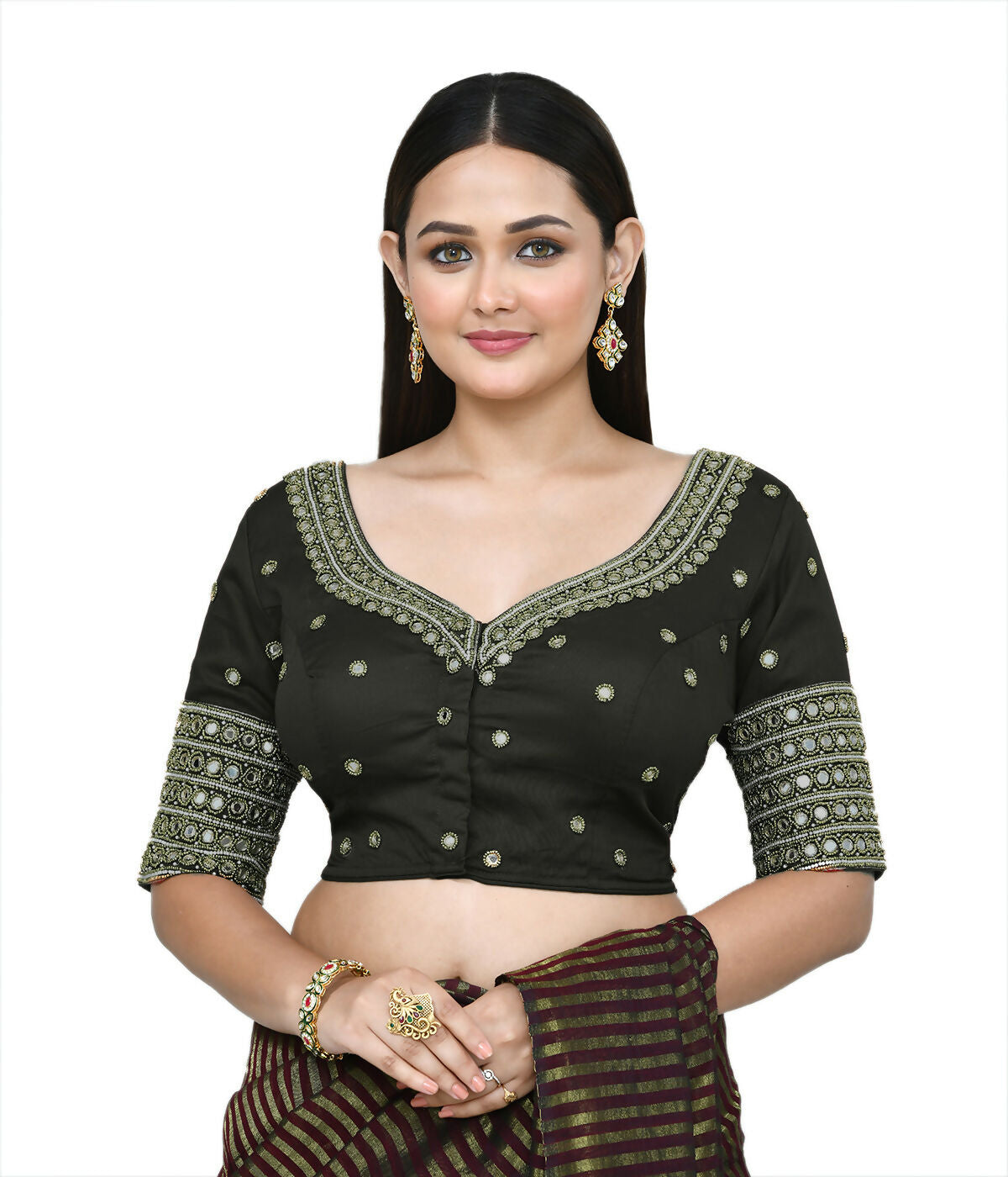Dark Green Art Silk stitched blouse with intricate embroidery for traditional sarees