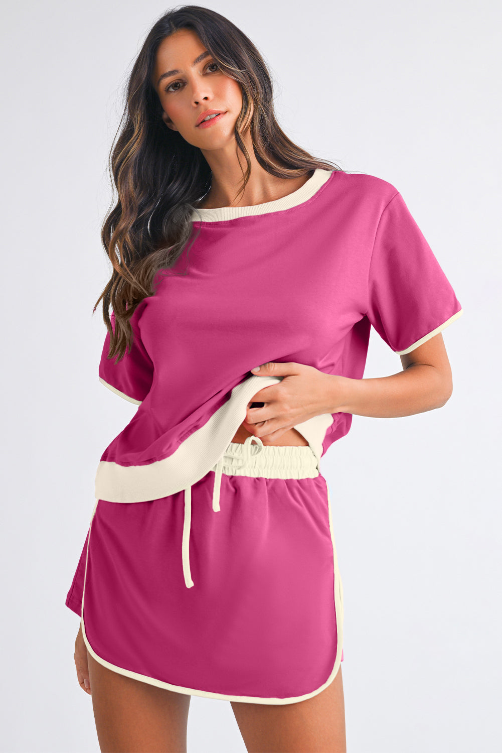 Rose Red Colorblock Drop Shoulder T Shirt & Skort Set