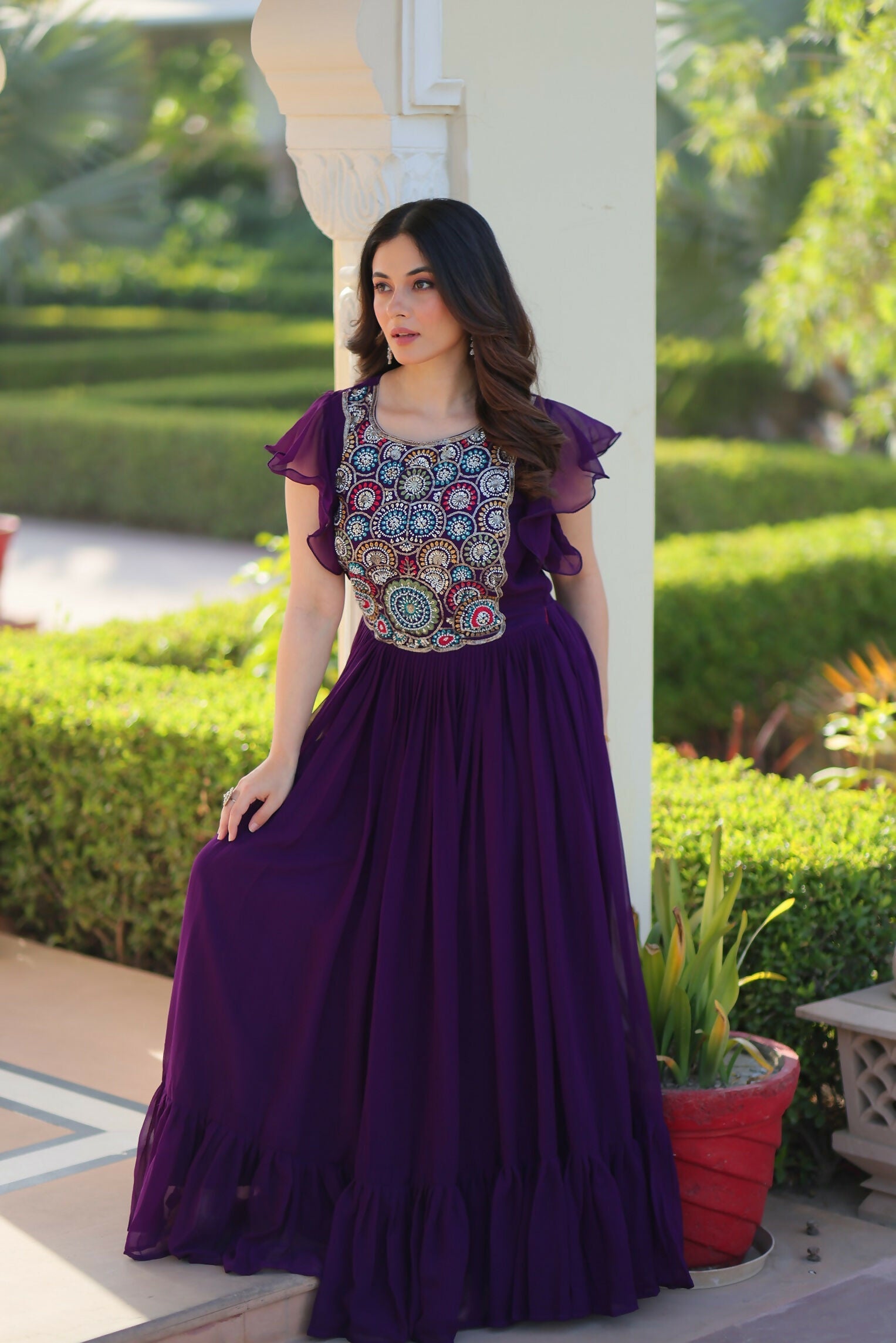 Joban Fashion Purple Georgette Sequence Embroidery Work Gown