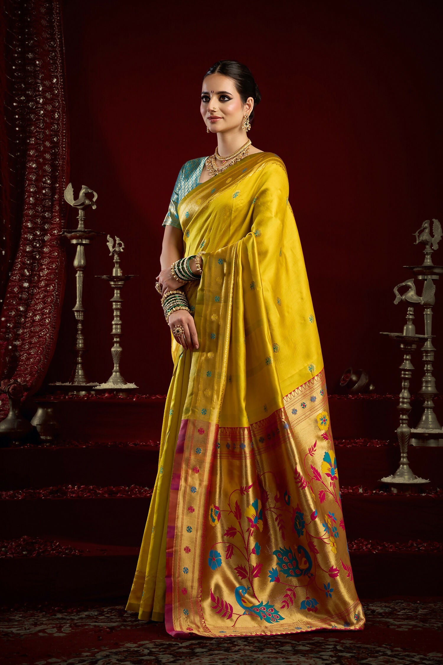 Yellow Paithani Silk Blend Butti Saree with Matching Blouse