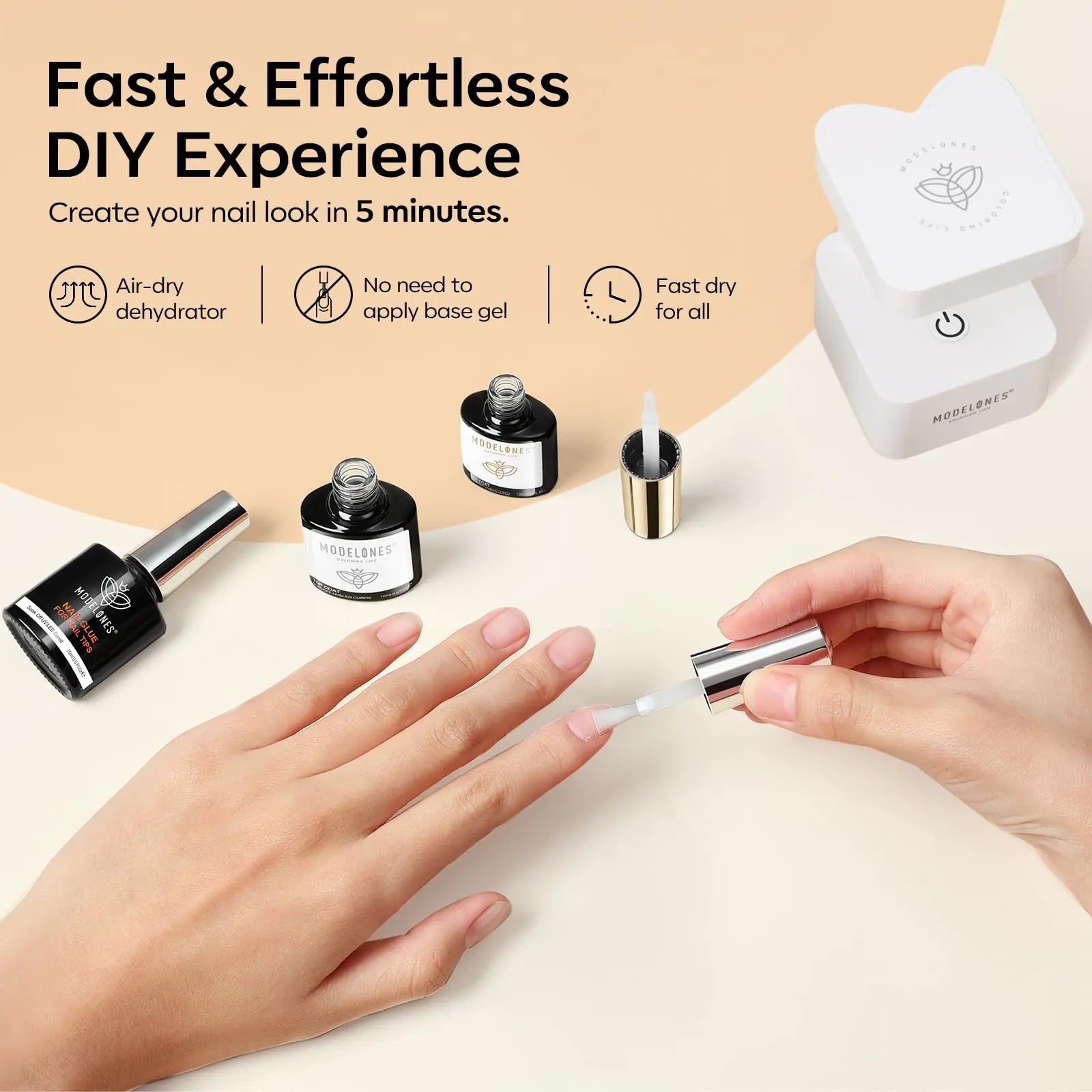 modelones 9 in One Nail Glue with Gel Top and Base Coat Gel Nail Kit, No Wipe Base Coat Long Lasting Glossy Top Coat 3Pcs Gel Nail Glue for Nail Tips, Blooming Gel, Rhinestone Glue A2-3pcs Nail Glue