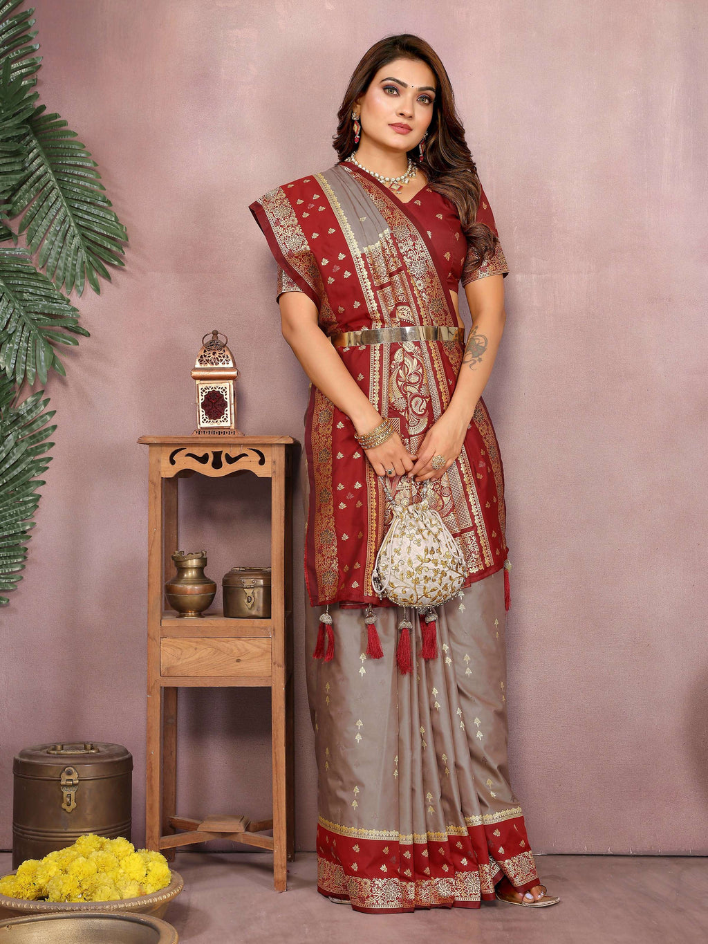 Grey Kalamkari Silk Saree with Zari Woven Border and Red Blouse