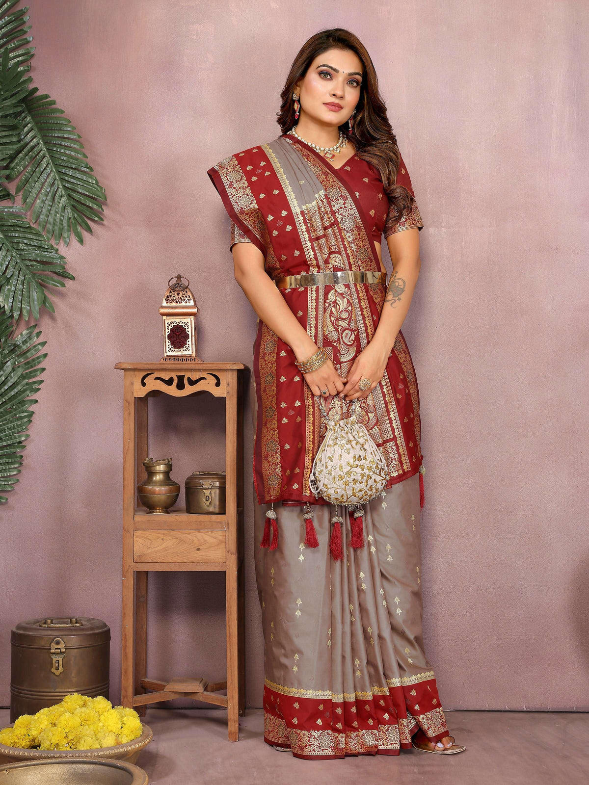 Grey Kalamkari Silk Saree with Zari Woven Border and Red Blouse