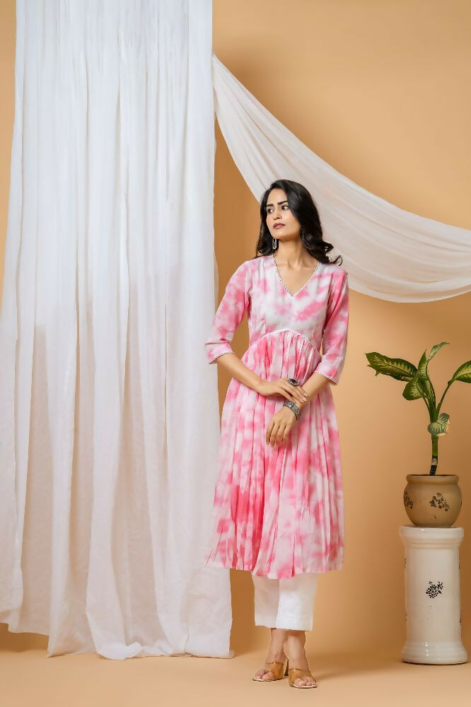 Pink Tie & Dye Cotton Kurta Pant Set for Women