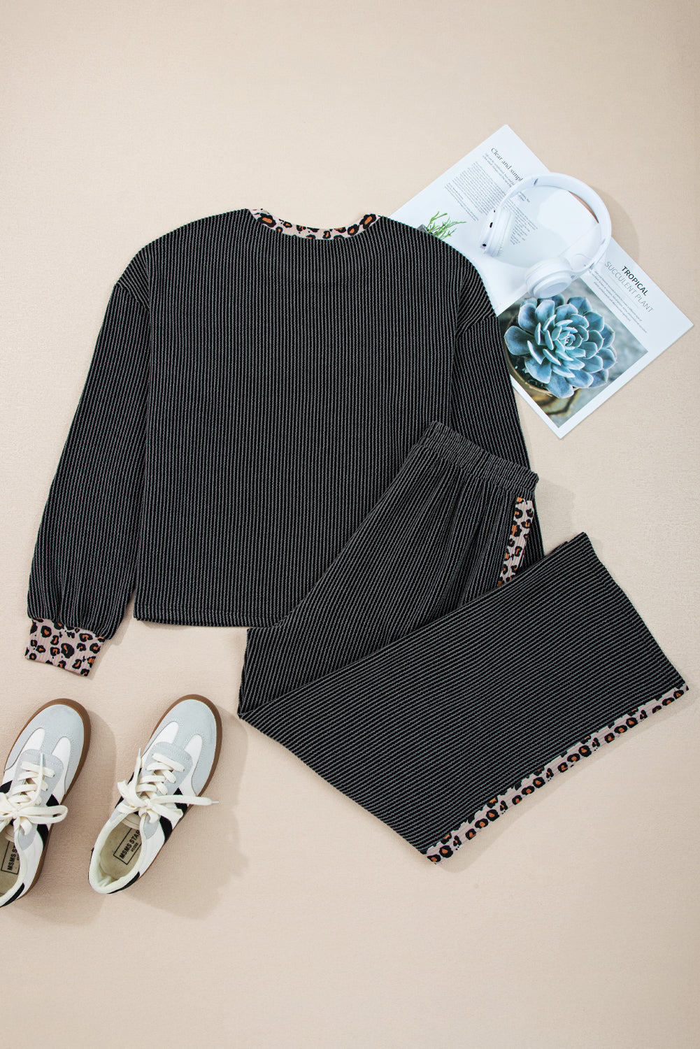 Leopard Contrast Trim Corded Knit Top & Pant Set