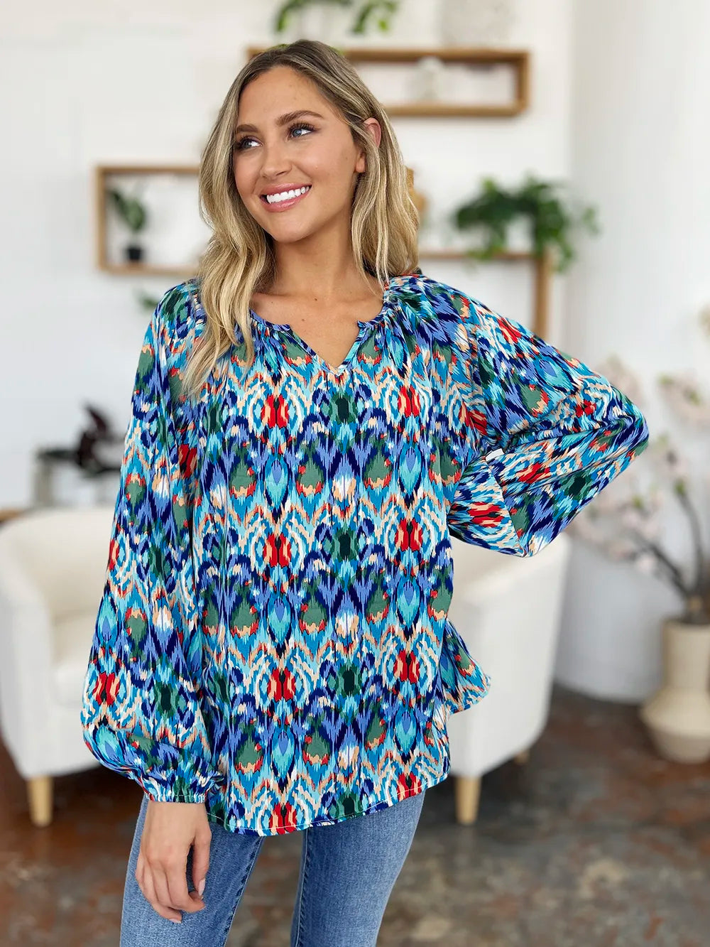 Printed Balloon Sleeve Blouse | Geometric V-Neck Chiffon Top
