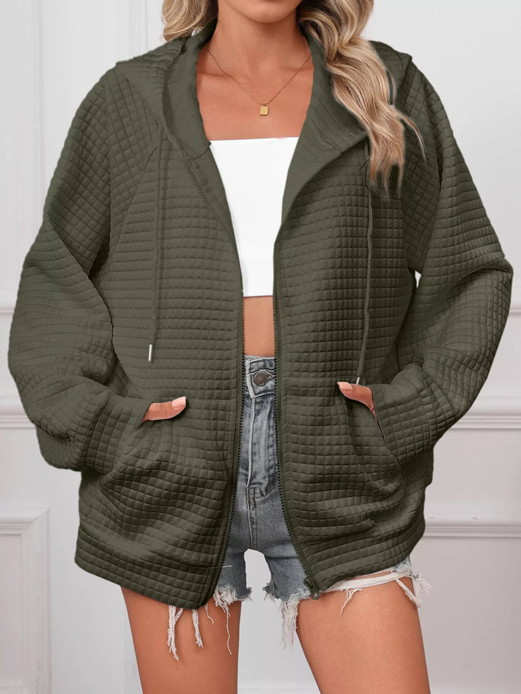 Full Size Textured Quilted Zip-Up Hooded Jacket Plus Size
