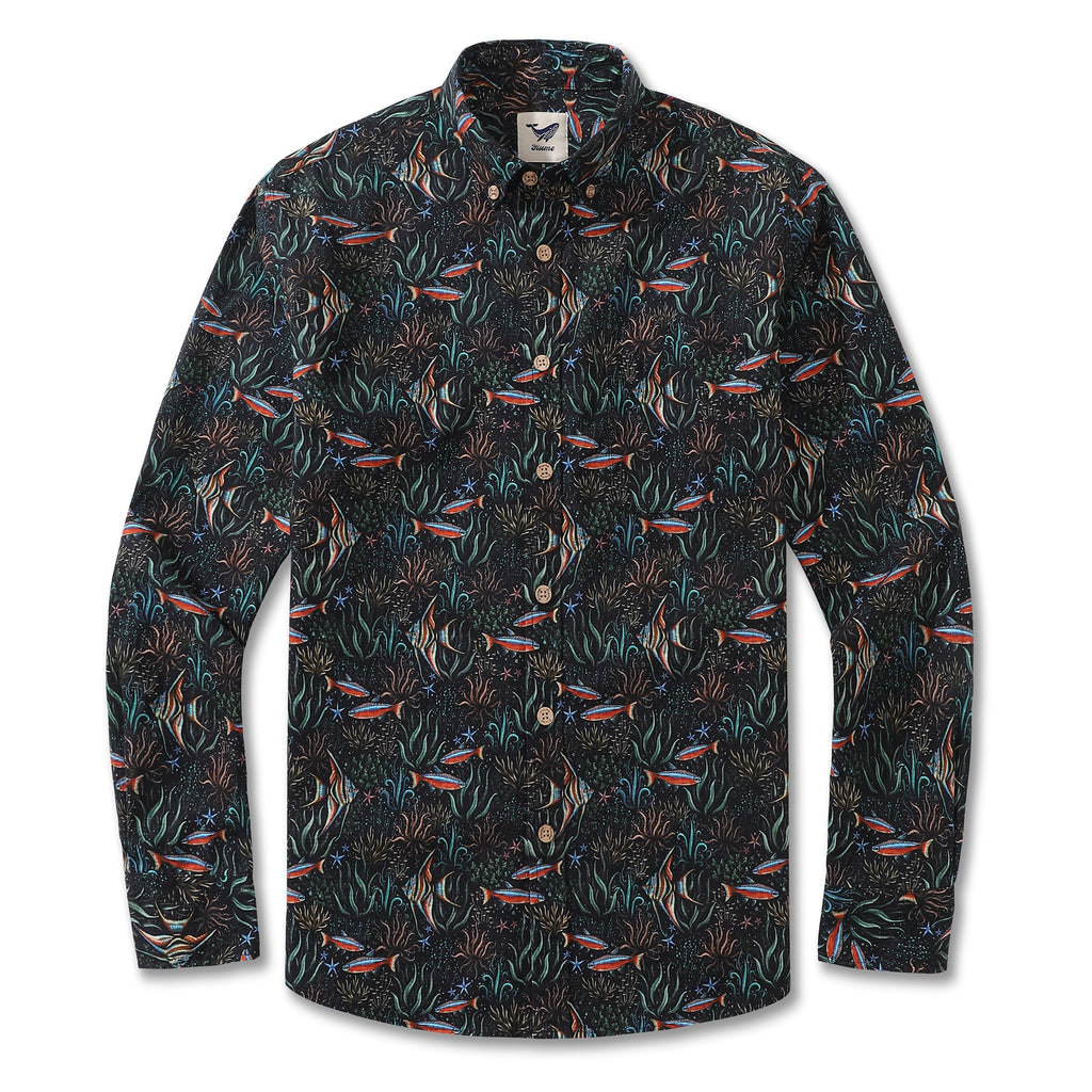 Men's long sleeve cotton Hawaiian shirt with Underwater Blues ocean fish and plant print.
