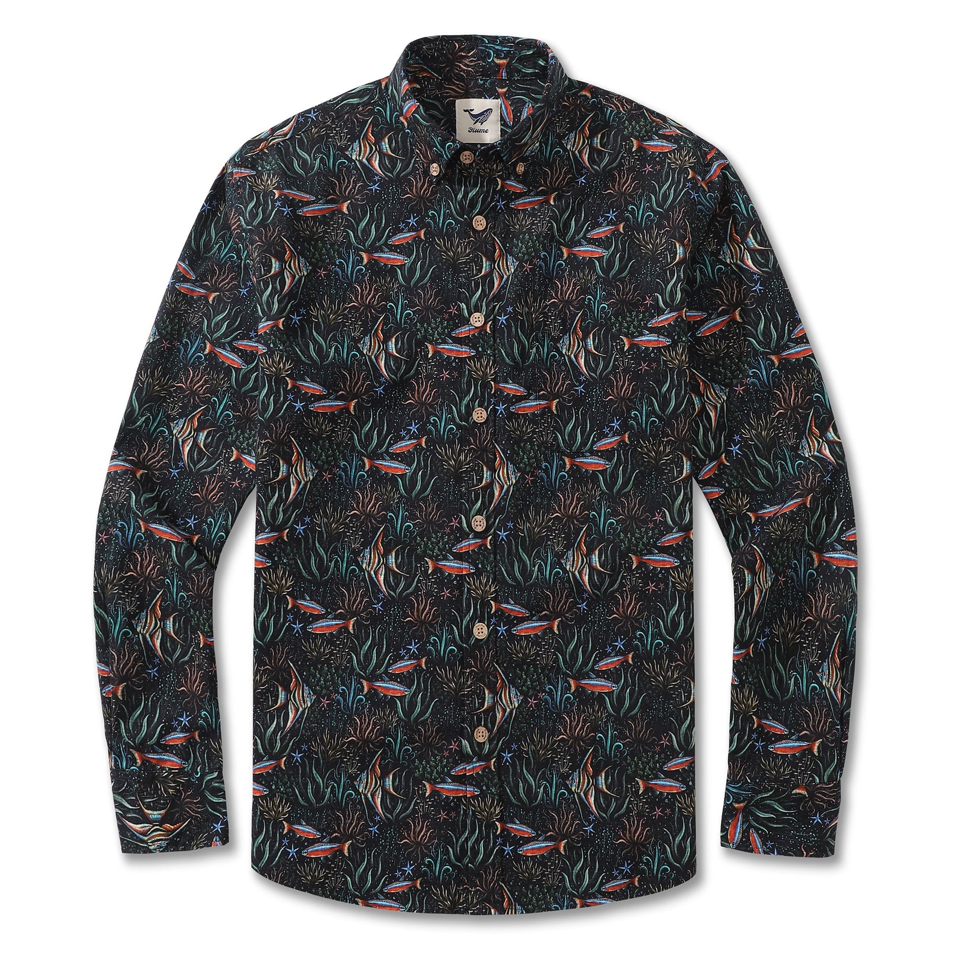 Men's long sleeve cotton Hawaiian shirt with Underwater Blues ocean fish and plant print.