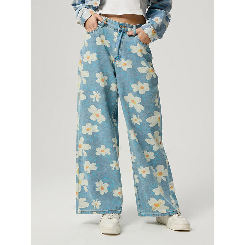Women's Vintage Floral Print Straight-Leg Jeans Blue Denim - Image 4