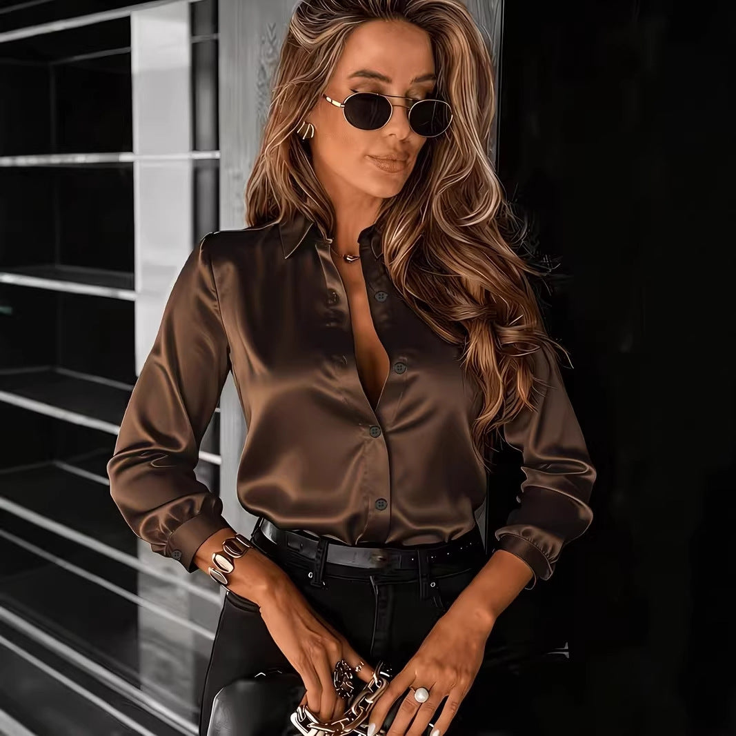 Women's Satin Button-Down Long Sleeve Shirt - Image 4