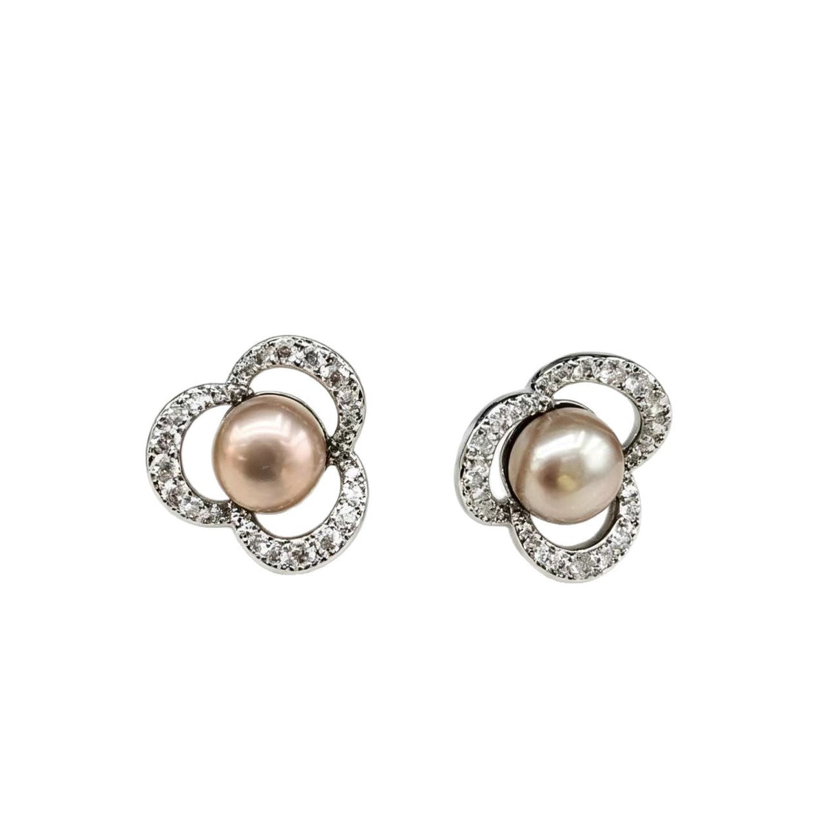 Hollow Four-Leaf Clover Diamond-Encrusted Champagne Pearl Womens Earrings