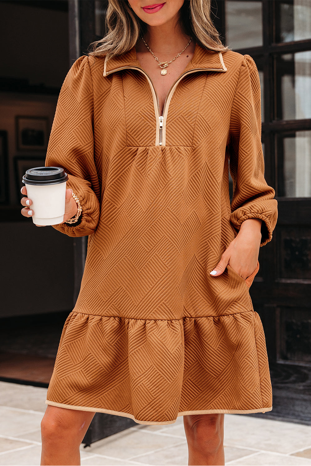 Zip Collar Textured Mini Dress with Long Sleeves