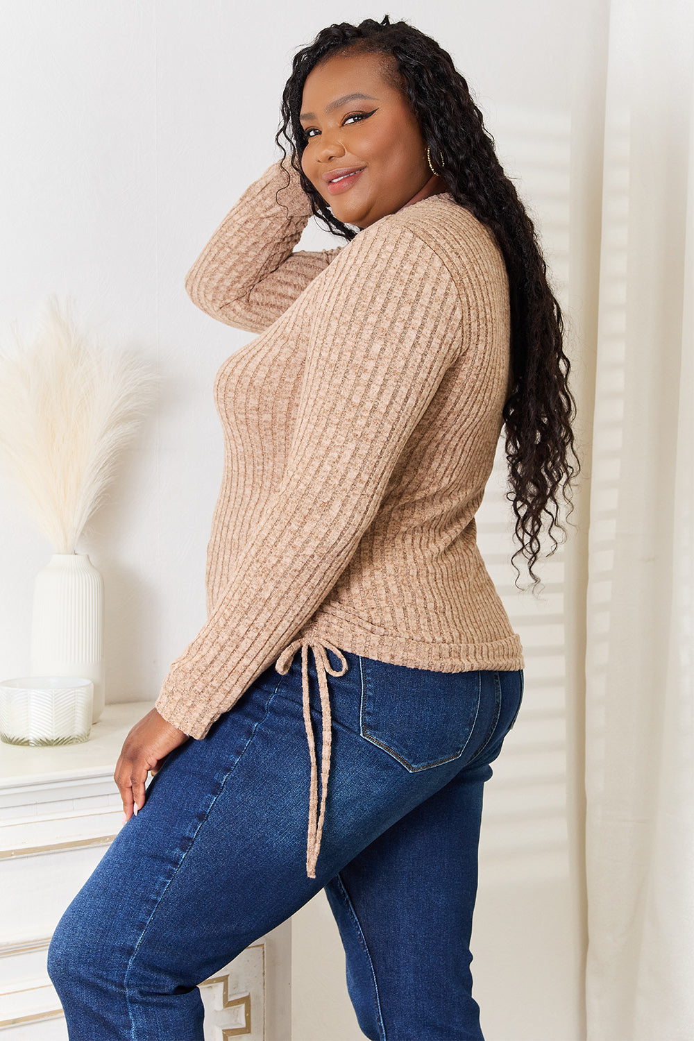 Drawstring Ribbed Long Sleeve T-Shirt | Stretchy Knit Top