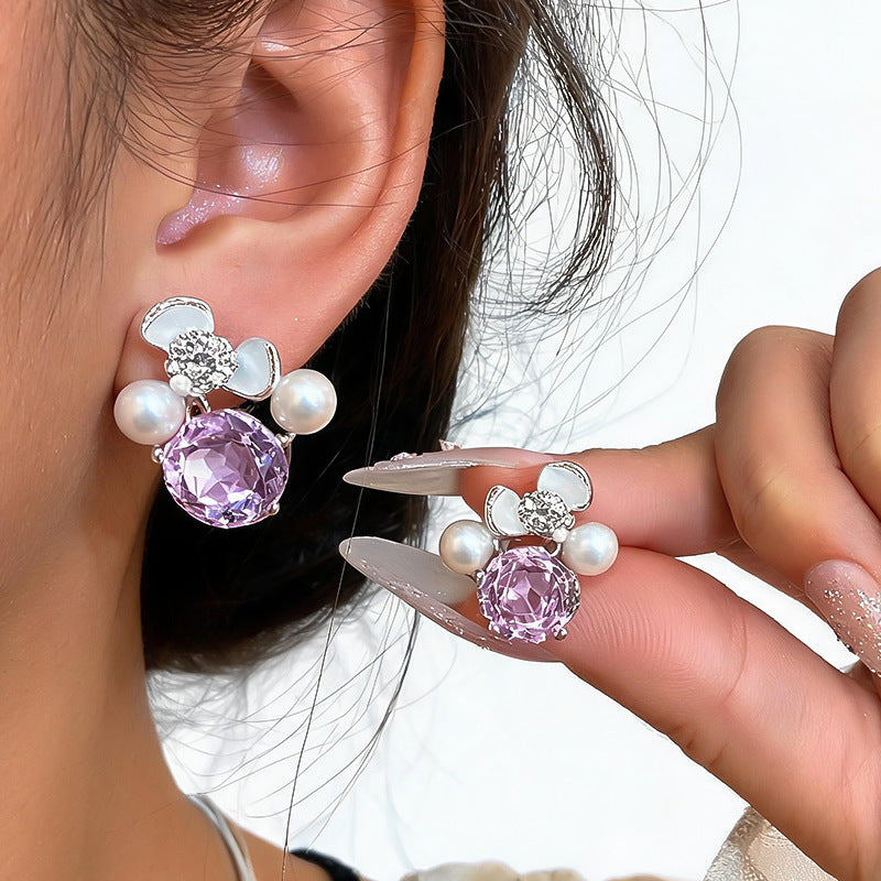Women Flower Cubic Zirconia Pearl Stud Earrings,Fresh Sweet Light Luxury Delicate Dangle Earrings,Niche Design Fashion Daily Occasion Jewelry