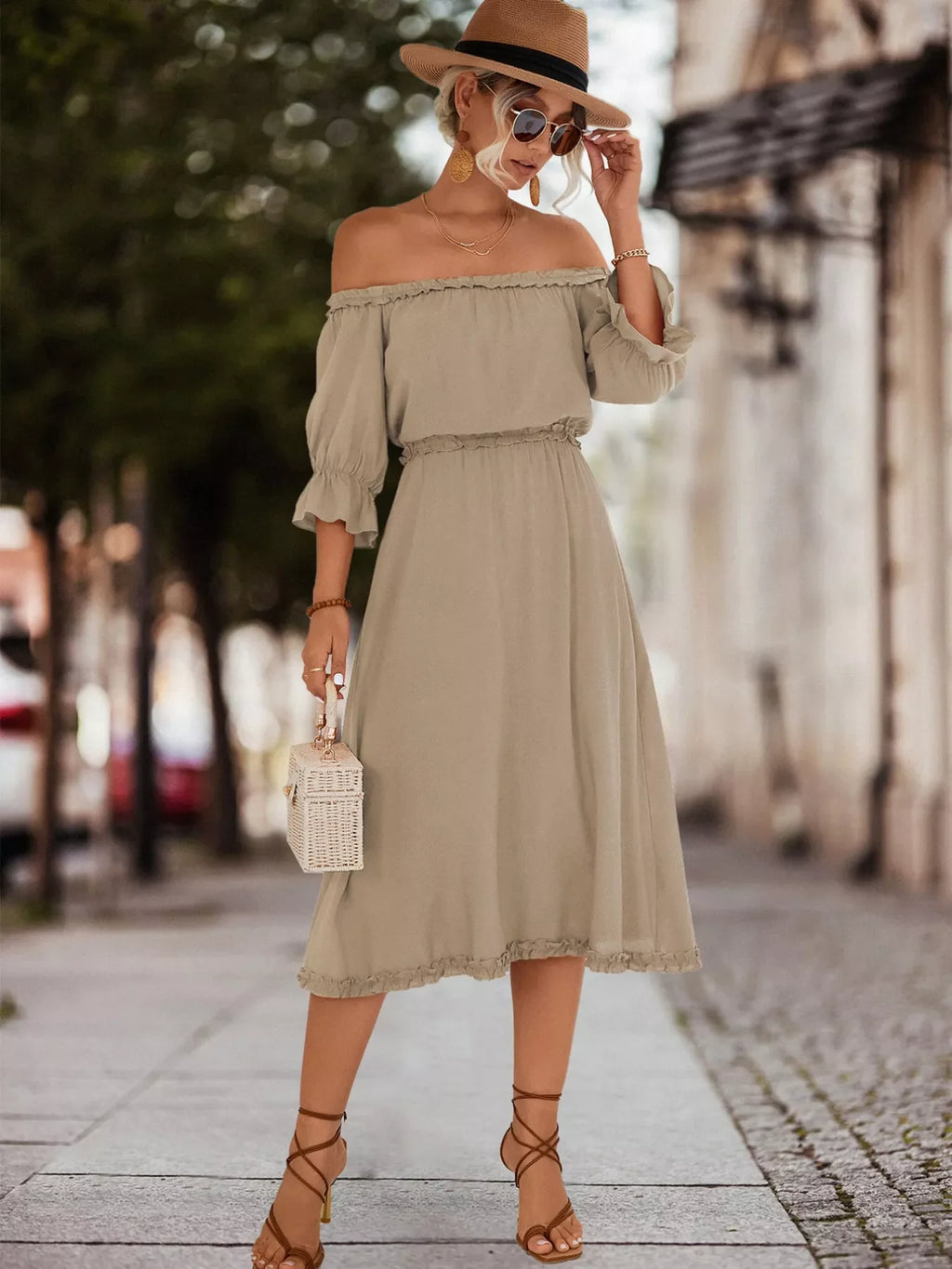 Off-Shoulder Flounce Sleeve Midi Dress