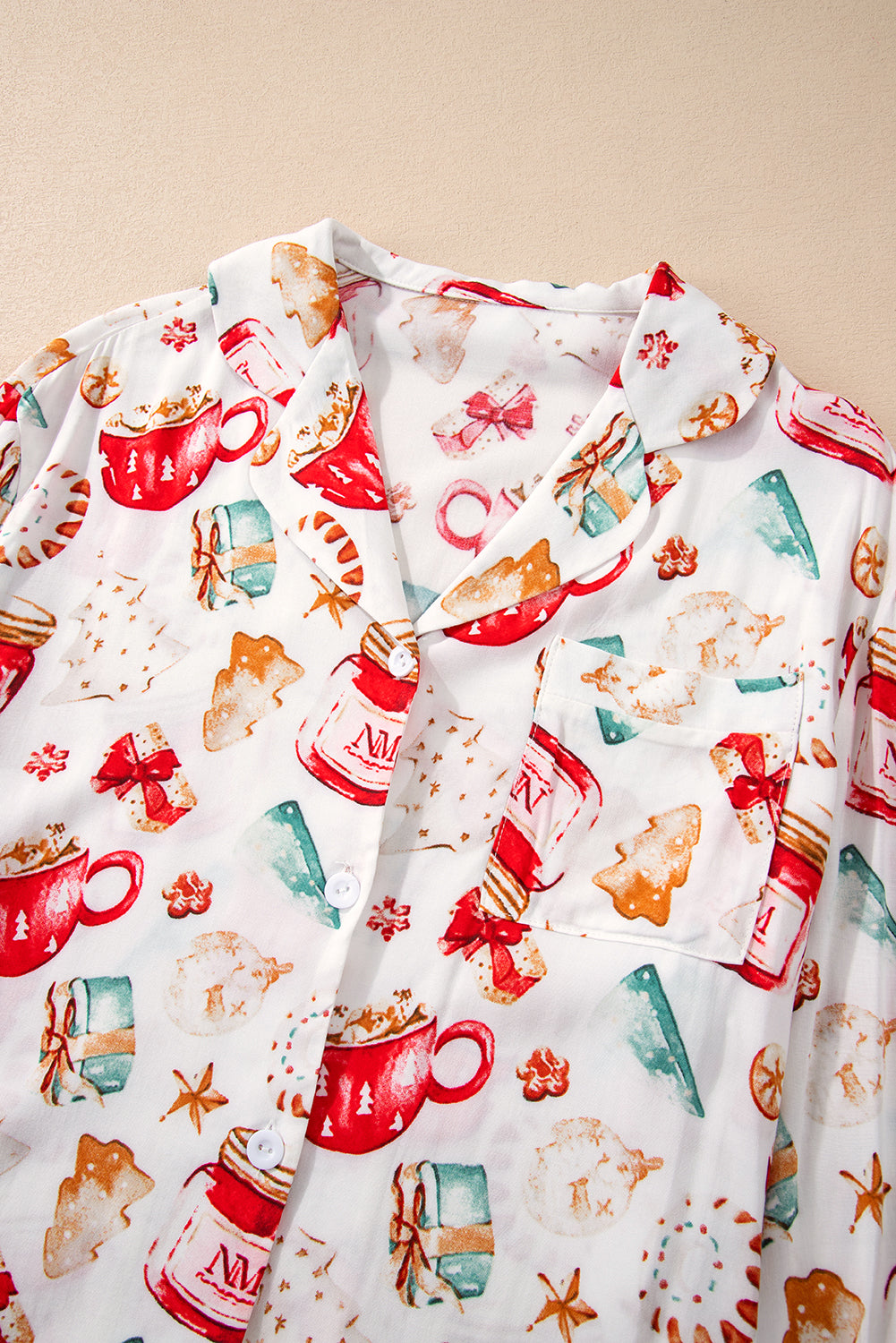 Women's Festive Print Long Sleeve Pajama Set in White