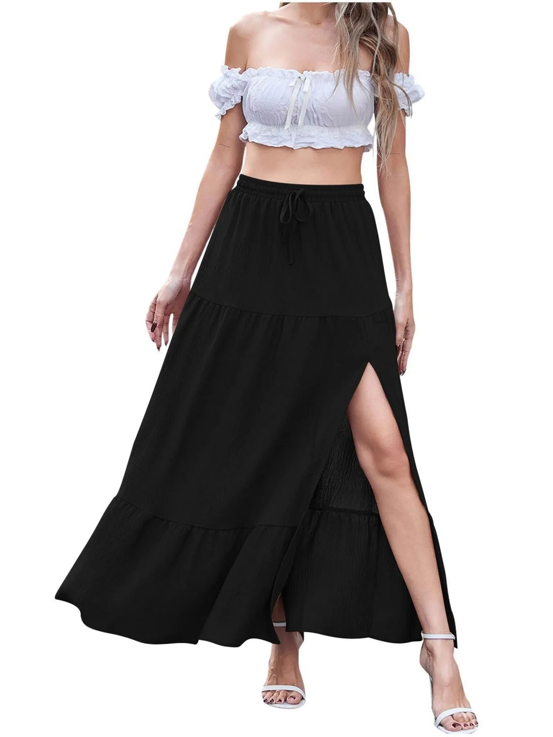 White Tiered Ruffled Maxi Skirt with Side Slit - Image 4