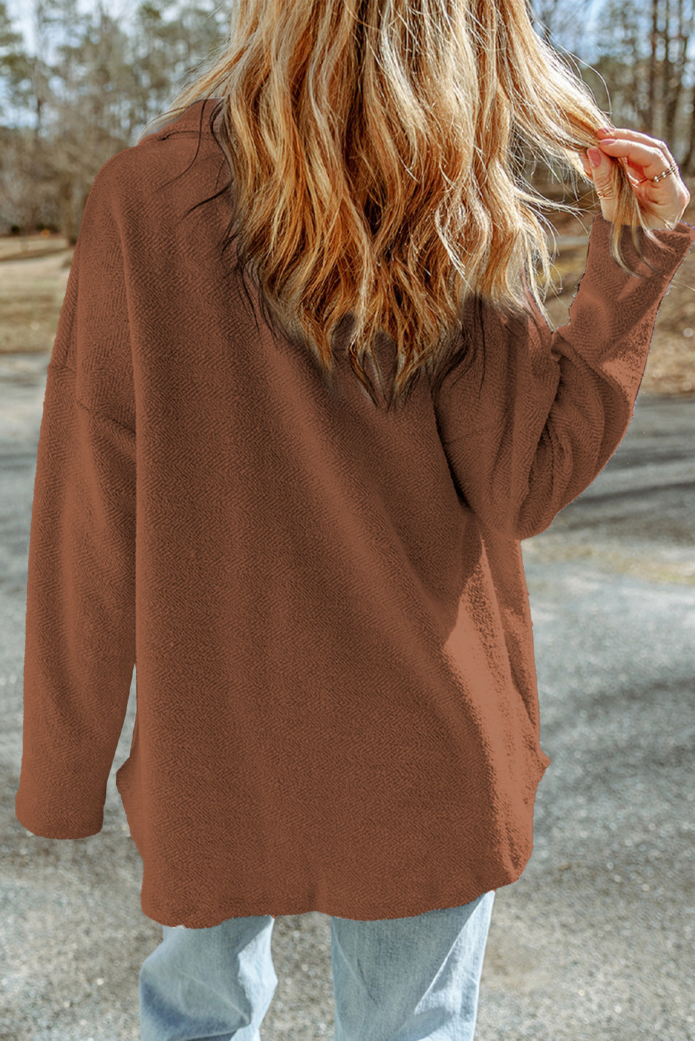 Women's Solid Reverse Seam Button-Front Terry Shacket in Brown