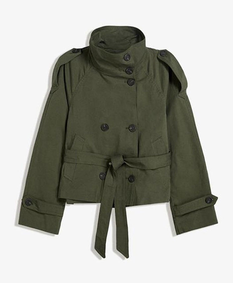 Women's Short Trench Coat with Lace-Up Waist Detail - Image 8
