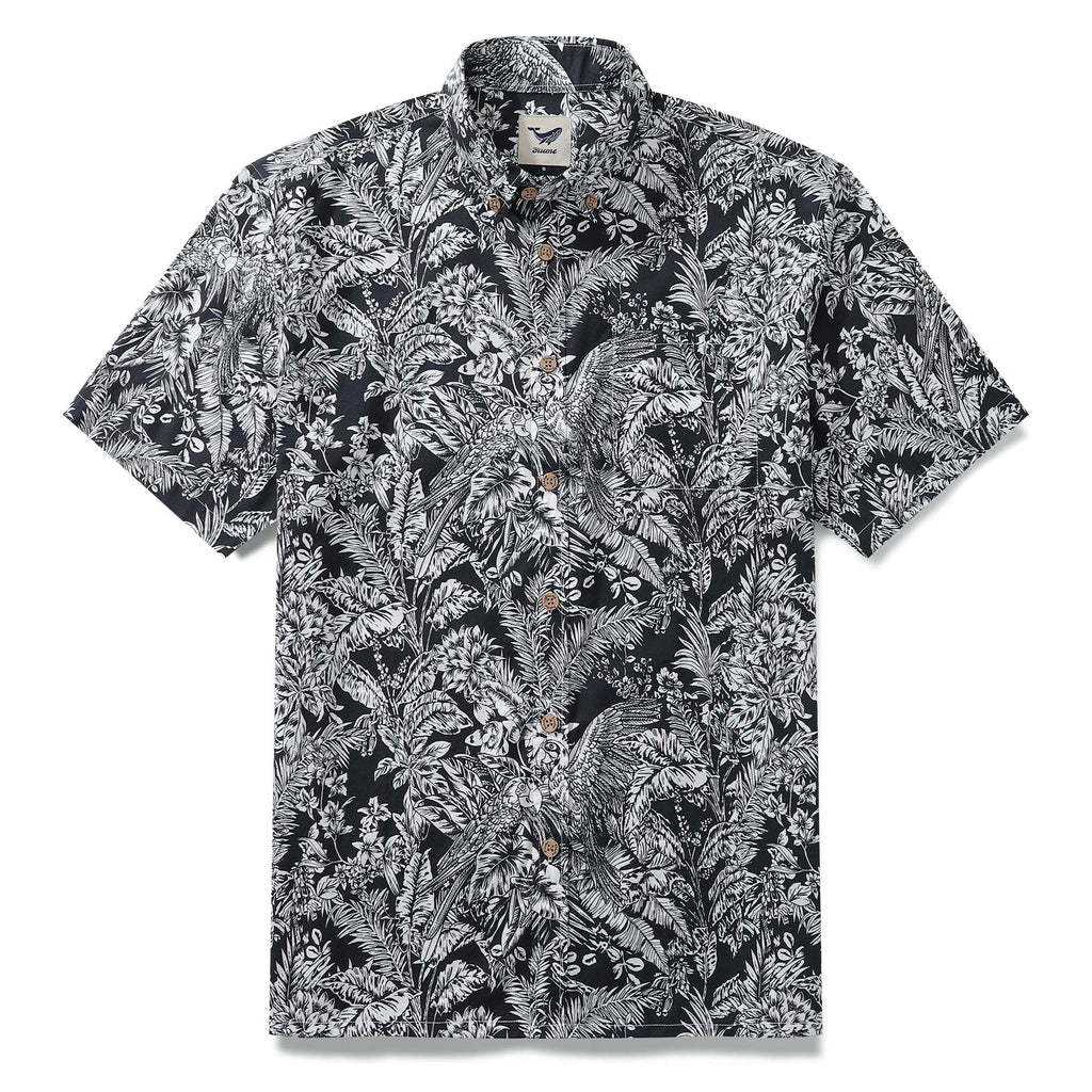 Men's Hawaiian Shirt Black Parrot In The Jungle 100% Cotton Button Down By Amy