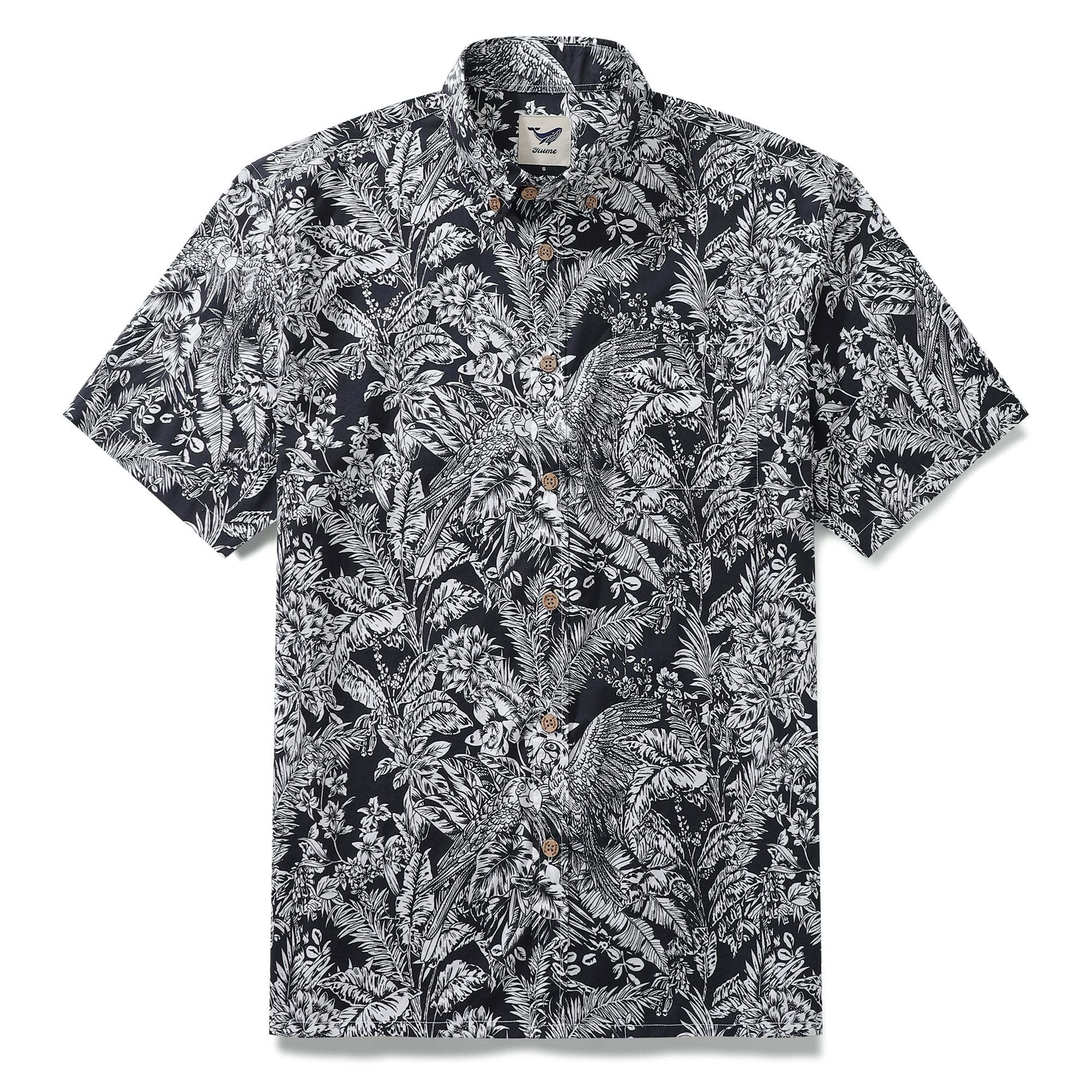 Men's Hawaiian Shirt Black Parrot In The Jungle 100% Cotton Button Down By Amy